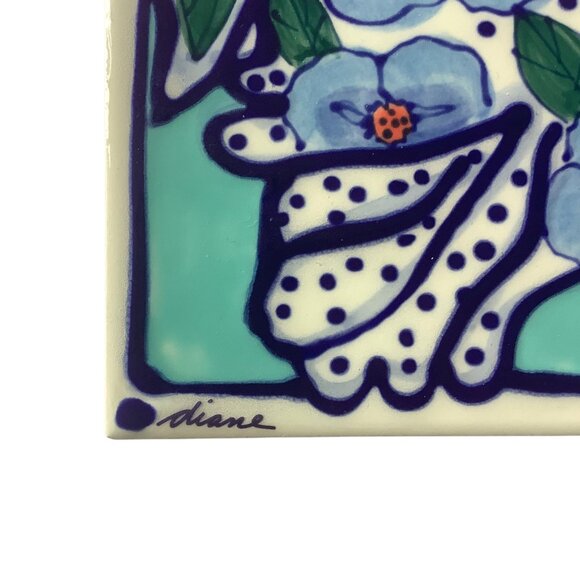 Vtg Diane Artware Decor Wall Ceramic Tile Whimsical Fish Flowers 6"x6" Signed - Picture 2 of 7